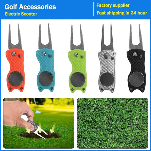 Golf Divot Repair Tool with Golf Ball Tool Pitch Groove Cleaner Putting Green Fork Training Aids Foldable Golf Accessories