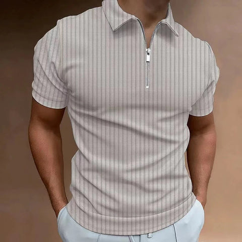 Men's striped golf jersey, quarter zip lapel, casual short sleeved T-shirt, basic fashionable regular versatile polo shirt