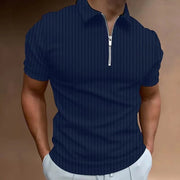 Men's striped golf jersey, quarter zip lapel, casual short sleeved T-shirt, basic fashionable regular versatile polo shirt