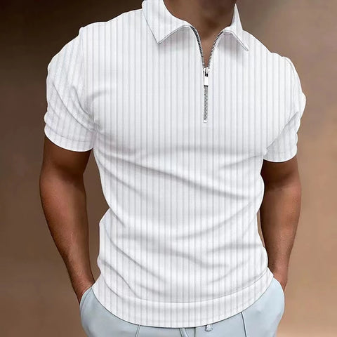 Men's striped golf jersey, quarter zip lapel, casual short sleeved T-shirt, basic fashionable regular versatile polo shirt