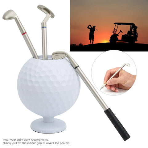 Mini Desktop Golf Ball Pen Holder with 3 Golf Cue Pens Plastic Golfer Souvenir Set Gift