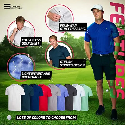 Three Sixty Six Collarless Golf Shirts - Men’s Casual Dry Fit Short Sleeve Polo, Lightweight and Breathable Gym Sports Fitness