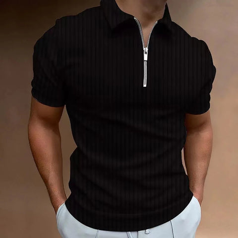 Men striped golf shirt with quarter zipper lapel casual holiday short sleeved T-shirt fashionable basic style regular fit shirt